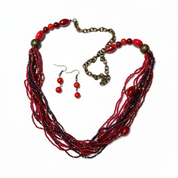 Multi Strand Multi Red Glass seed Bea dLucite Bead Long Necklace Earring Set - Picture 1 of 1